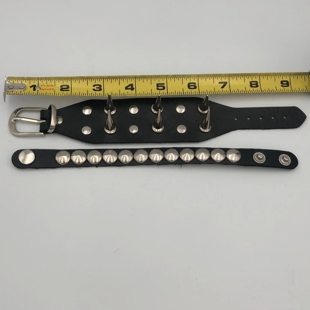 Mens Bracelet Set of 2 New Black Silver-tone Studded And Spikes - Picture 4 of 7